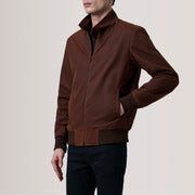 Morrison Brown Canvas Bomber Jacket For Men - Vista de perfil lateral con corte ergonómico de manga