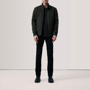 Olive Waxed Cotton Canvas Bomber Jacket - Vista trasera con ajuste entallado en hombros y bajo impecable