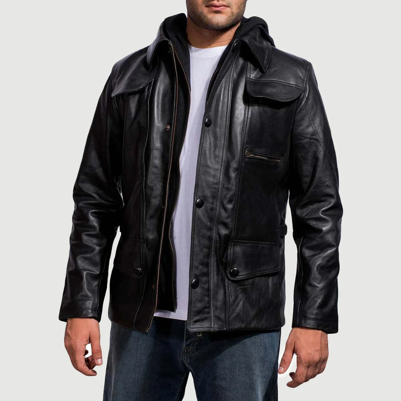 Moulder Hooded Negro Chaqueta de Cuero para Hombre
