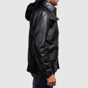 Detalle de cerca of Shirt &amp; Zipper with Button Flap Hardware on Men's Moulder Hooded Negro Chaqueta de Cuero para Hombre
