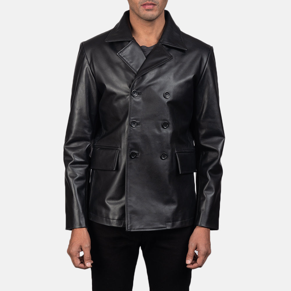 Men's Mr. Bailey Negro Leather Naval Peacoat para Hombre in Black Cowhide Leather - Vista frontal y silueta a medida | Comprar online