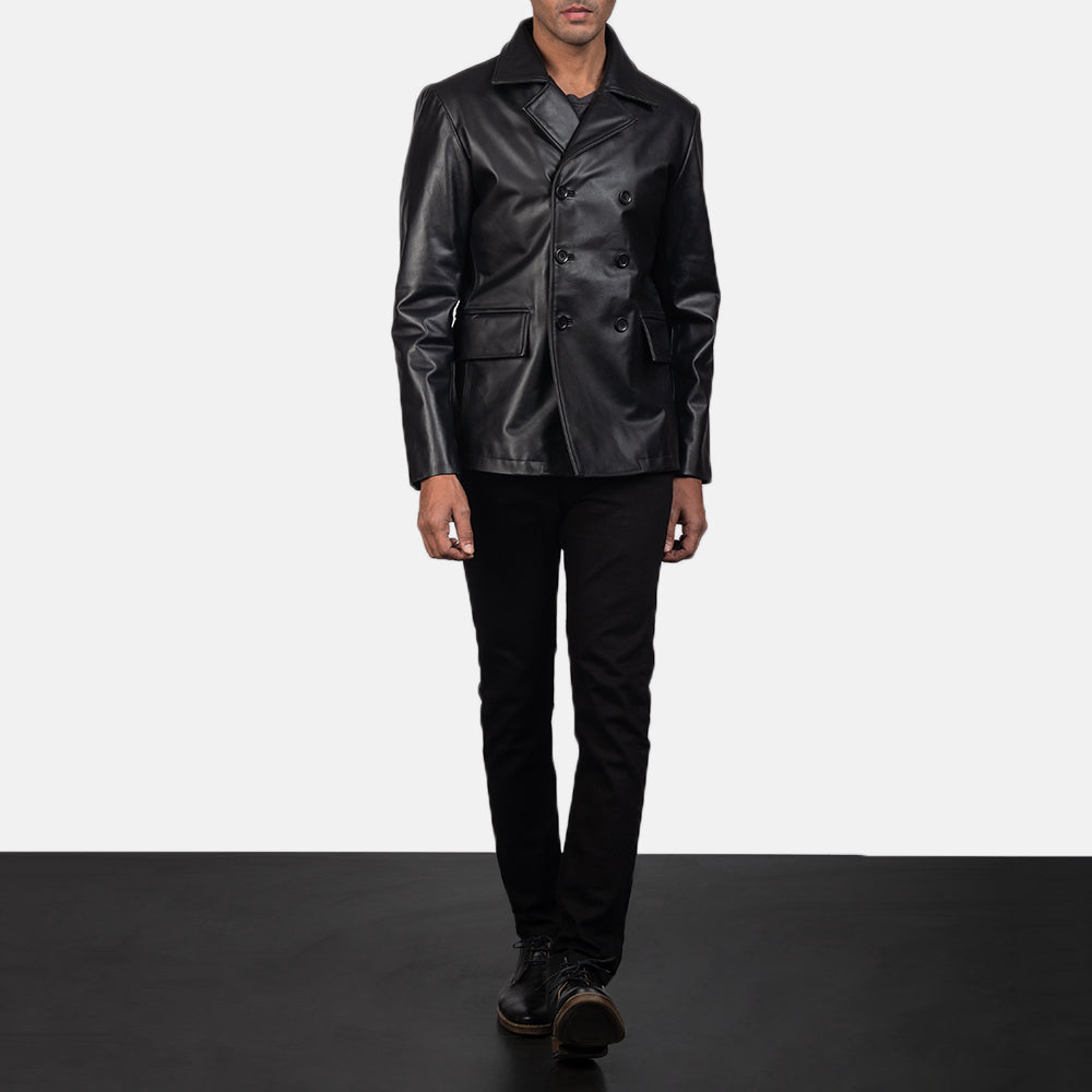Men's Mr. Bailey Negro Leather Naval Peacoat para Hombre - Vista de perfil lateral con corte ergonómico de manga