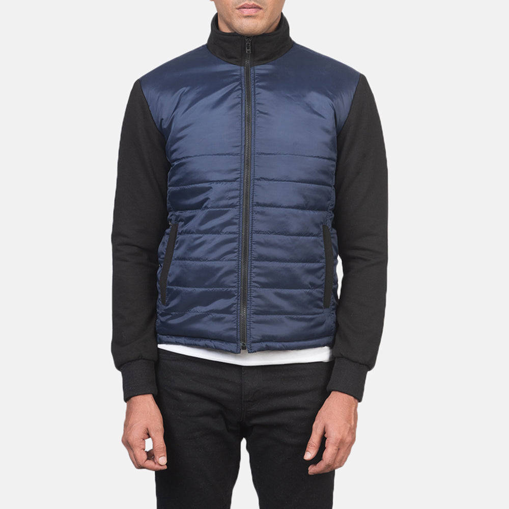 
Vista de detalle of High Neck & Zipper with wind flap Hardware on Nashville Acolchado Azul Windbreaker Chaqueta de Cuero para Hombre