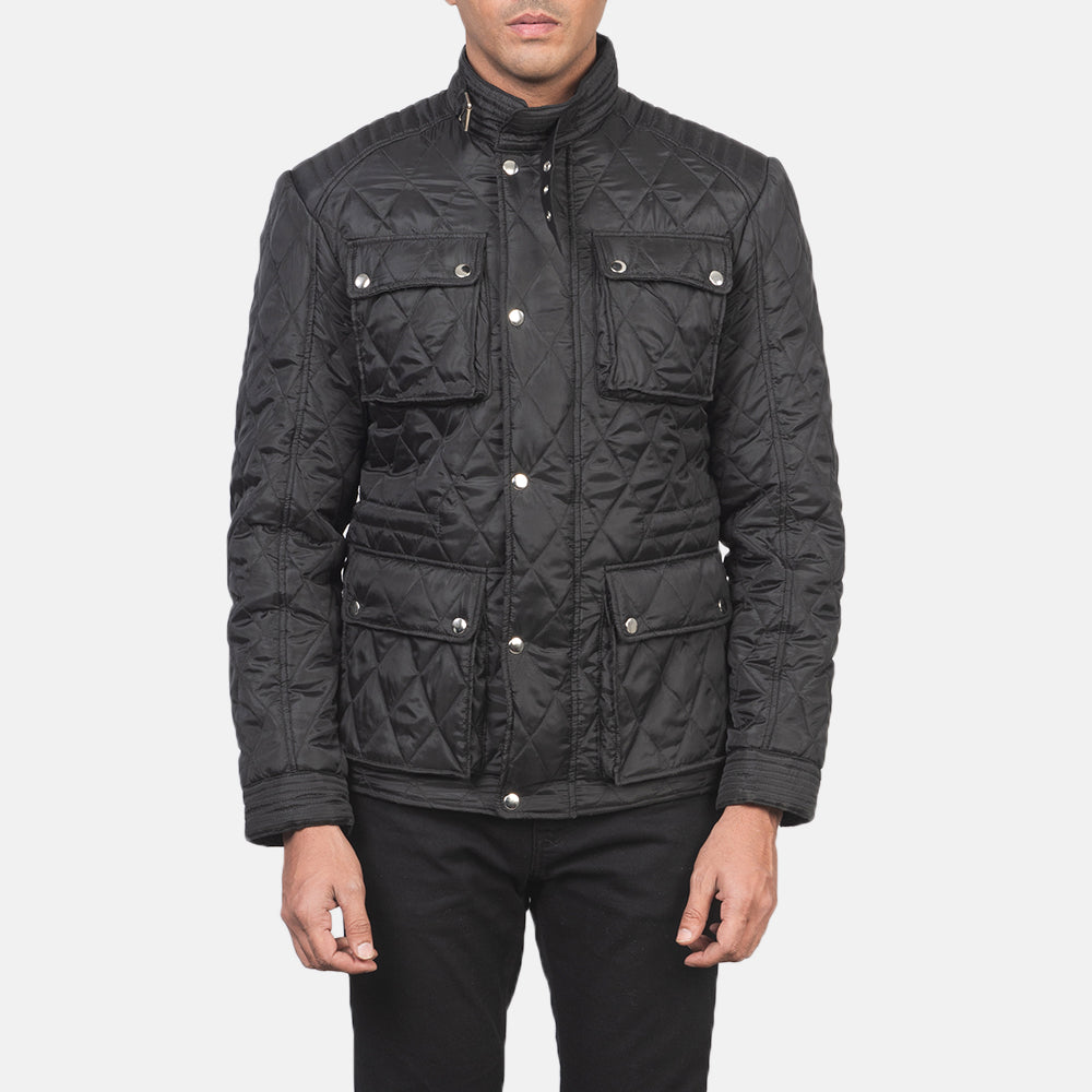 Detalle de cerca of Belted Band &amp; Zipper with Front Button Flap Hardware on Men's Nelson Acolchado Negro Windbreaker Chaqueta de Cuero para Hombre