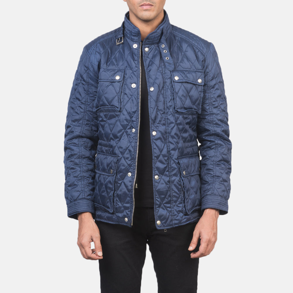 Men's Nelson Acolchado Azul Windbreaker Chaqueta de Cuero para Hombre in Blue Nylon - Vista frontal y silueta a medida | Comprar online