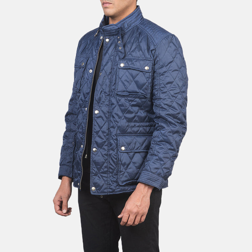 Nelson Acolchado Azul Windbreaker Chaqueta de Cuero para Hombre
