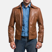 Old School Marrón Chaqueta de Cuero para Hombre in Brown Sheepskin Leather - Vista frontal y silueta a medida | Comprar online