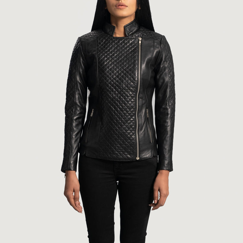 Orient Grain Acolchado Negro Chaqueta Biker de Cuero para Mujer