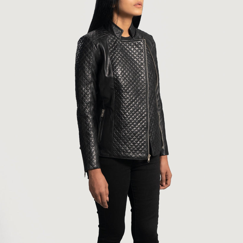 Orient Grain Acolchado Negro Chaqueta Biker de Cuero para Mujer