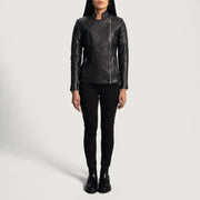 Detalle de cerca of Band &amp; Zipper Hardware on Women's Orient Grain Acolchado Negro Chaqueta Biker de Cuero para Mujer