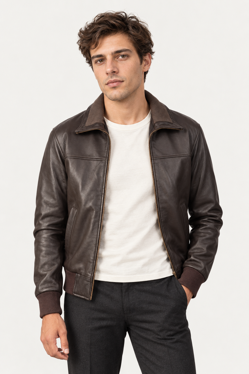 Air Rolf Marrón Chaqueta Bomber de Cuero para Hombre