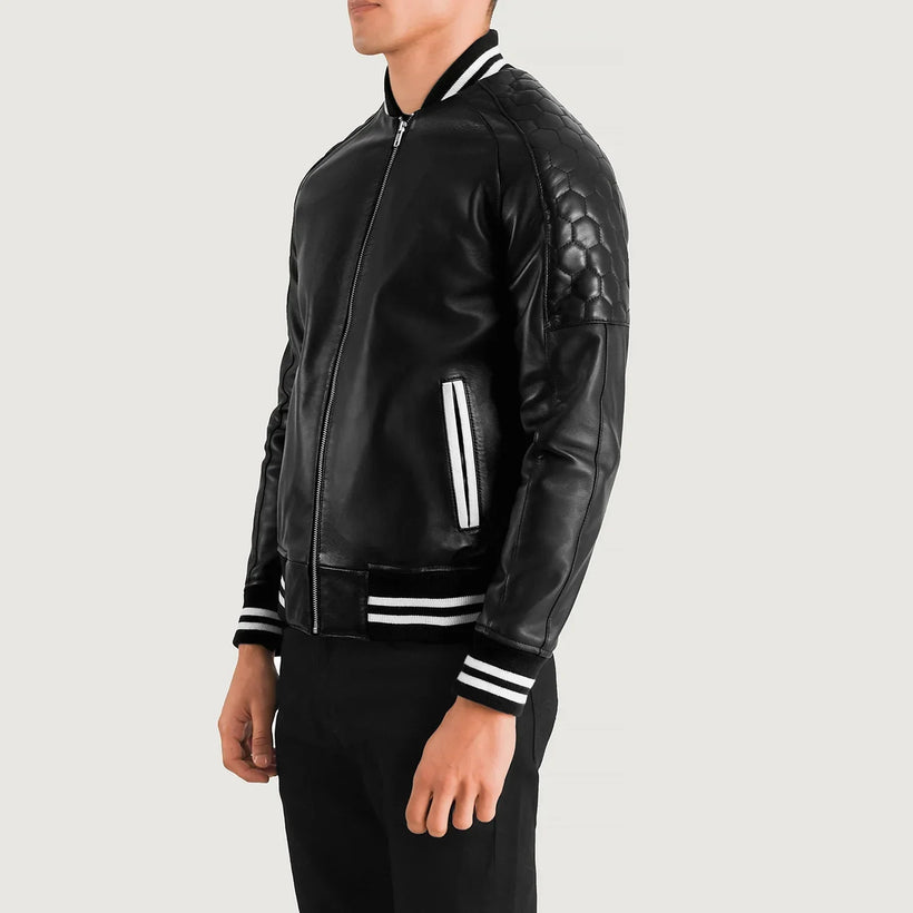 Pascal Negro Leather Varsity Chaqueta de Cuero para Hombre