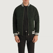 Pascal Verde Suede Varsity Chaqueta de Cuero para Hombre in Green Goatskin Suede - Vista frontal y silueta a medida | Comprar online