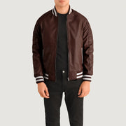 Pascal Granate Leather Varsity Chaqueta de Cuero para Hombre in Maroon Sheepskin Leather - Vista frontal y silueta a medida | Comprar online