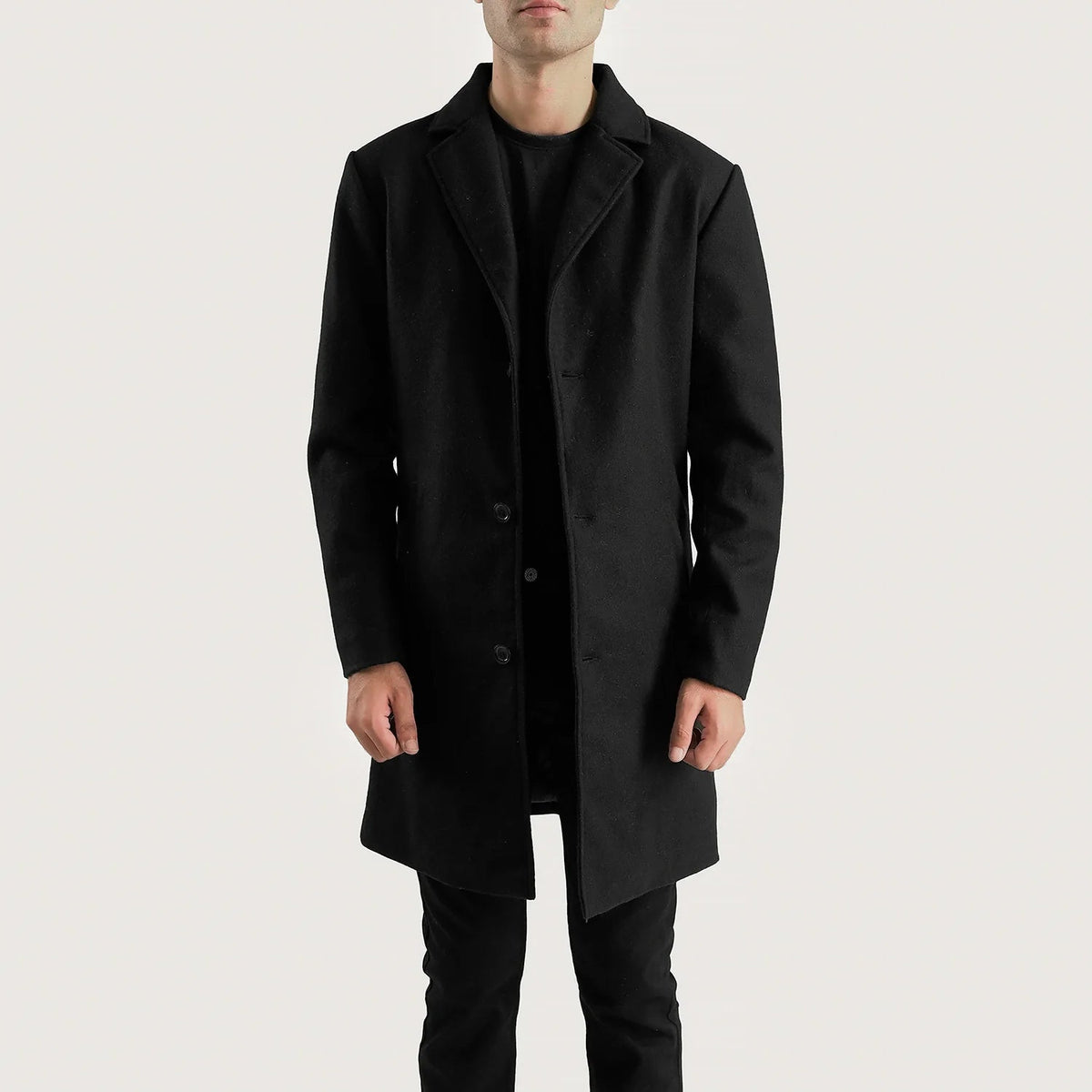 Petrillo Black Wool Single Breasted Coat in Black Synthetic Wool - Vista frontal y silueta a medida | Comprar online