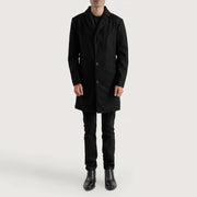 Petrillo Black Wool Single Breasted Coat - Vista de perfil lateral con corte ergonómico de manga