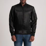 Quinton MA-1 Negro Cazadora Bomber de Cuero para Hombre in Black Satin - Vista frontal y silueta a medida | Comprar online