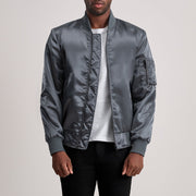 Quinton MA-1 Gris Cazadora Bomber de Cuero para Hombre - Vista de perfil lateral con corte ergonómico de manga