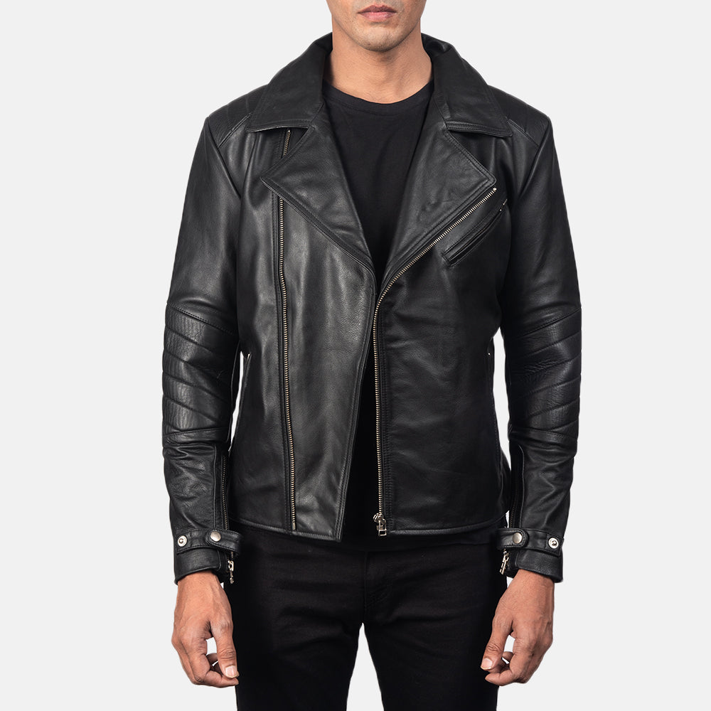 Men's Raiden Black Leather Biker Jacket in Black Cowhide Leather - Vista frontal y silueta a medida | Comprar online