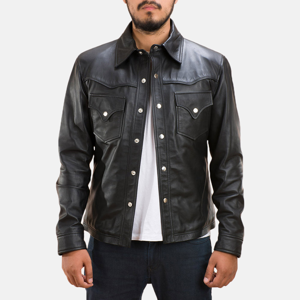 Men's Ranchson Negro Leather Shirt para Hombre in Black Sheepskin Leather - Vista frontal y silueta a medida | Comprar online