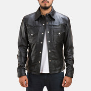 Men's Ranchson Negro Leather Shirt para Hombre in Black Sheepskin Leather - Vista frontal y silueta a medida | Comprar online