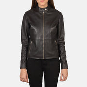 Women's Rave Brown Leather Biker Jacket in Brown Sheepskin Leather - Vista frontal y silueta a medida | Comprar online