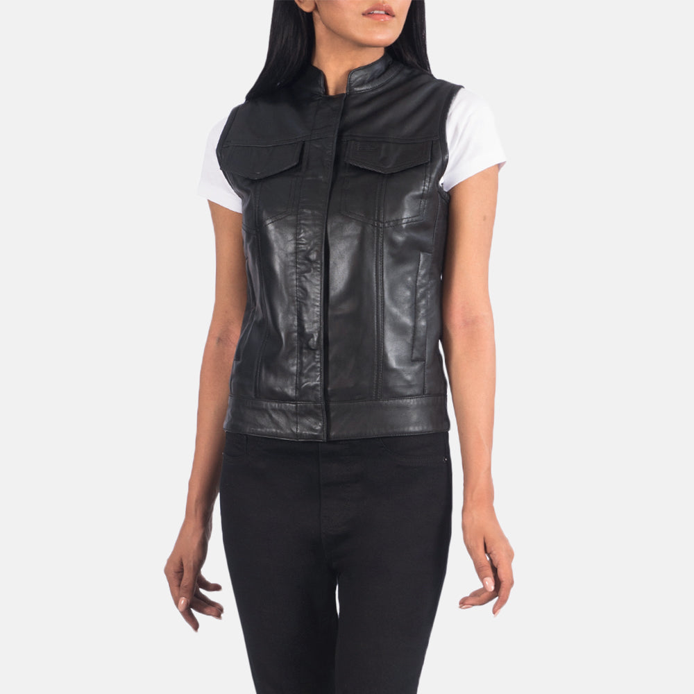 
Vista de detalle of Band & Zipper Hardware on Rayne Moto Negro Chaleco de Cuero para Mujer