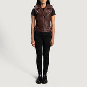 
Vista de detalle of Notch & Zipper Hardware on Rhonda Granate Leather Biker Vest para Mujer