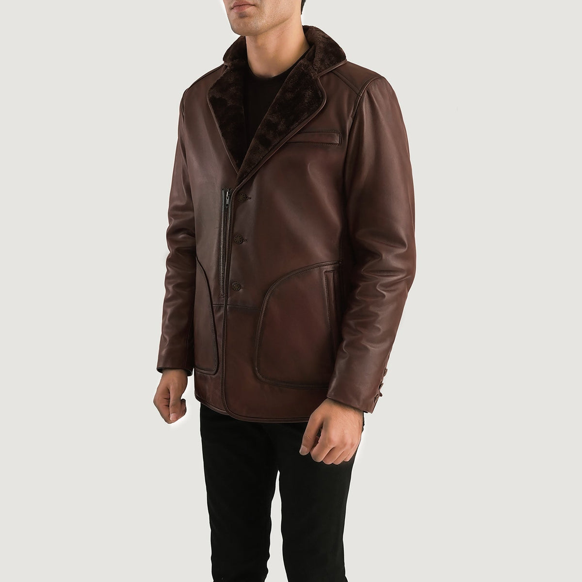 Distressed Brown Sheepskin Burnishing Aviator Jacket - Vista trasera con ajuste entallado en hombros y bajo impecable