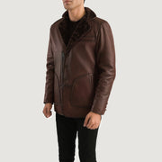 Distressed Brown Sheepskin Burnishing Aviator Jacket - Vista trasera con ajuste entallado en hombros y bajo impecable
