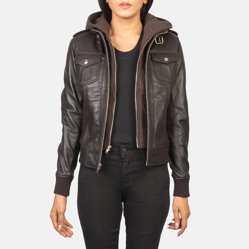Roslyn Hooded Cazadora Bomber de Cuero para Mujer