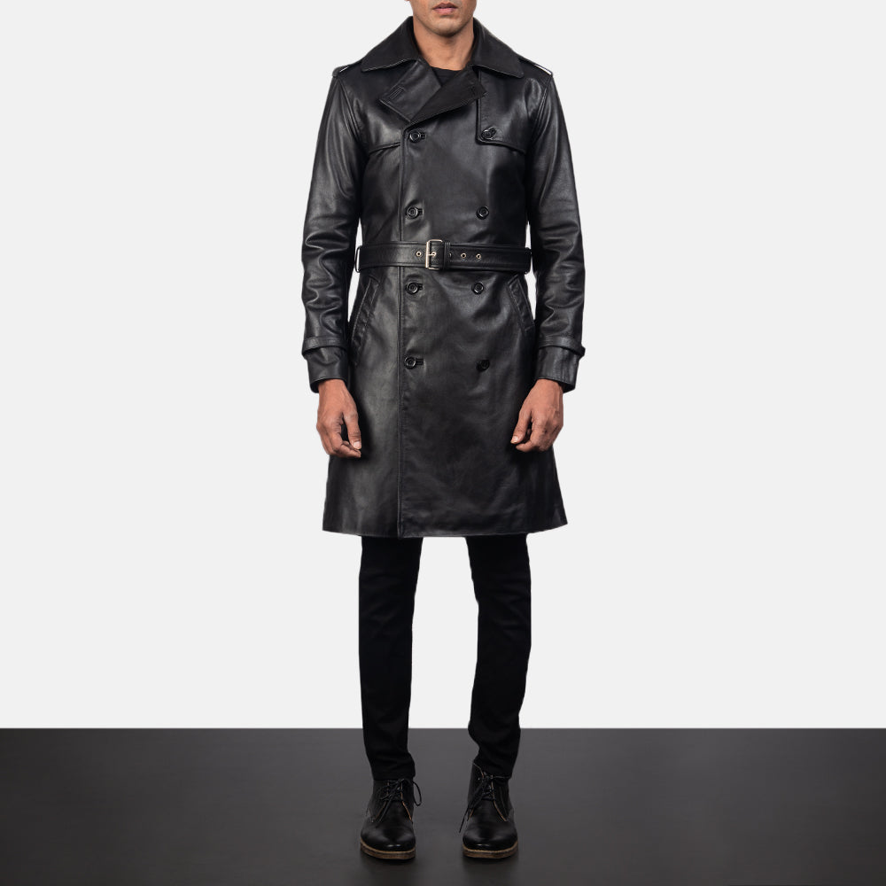 Detalle de cerca of Shirt &amp; Heavy-Duty Zipper Hardware on Men's Royson Negro Leather Duster Abrigo de Cuero para Hombre