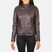 Detalle de cerca of Mandarin &amp; Zipper with Dual Puller Hardware on Women's Rumella Maroon Leather Biker Jacket