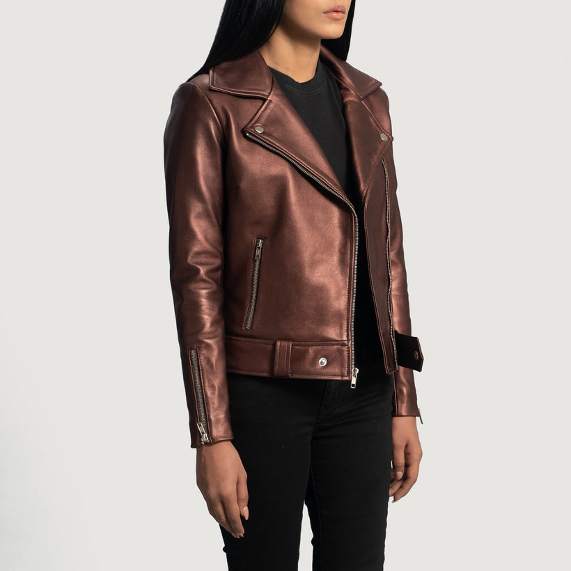 Rumy Granate Chaqueta Biker de Cuero para Mujer