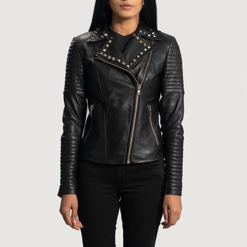 Sally Mae Studded Negro Chaqueta Biker de Cuero para Mujer