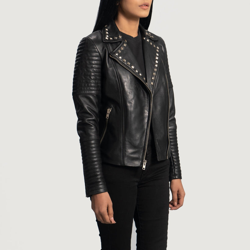 Sally Mae Studded Negro Chaqueta Biker de Cuero para Mujer