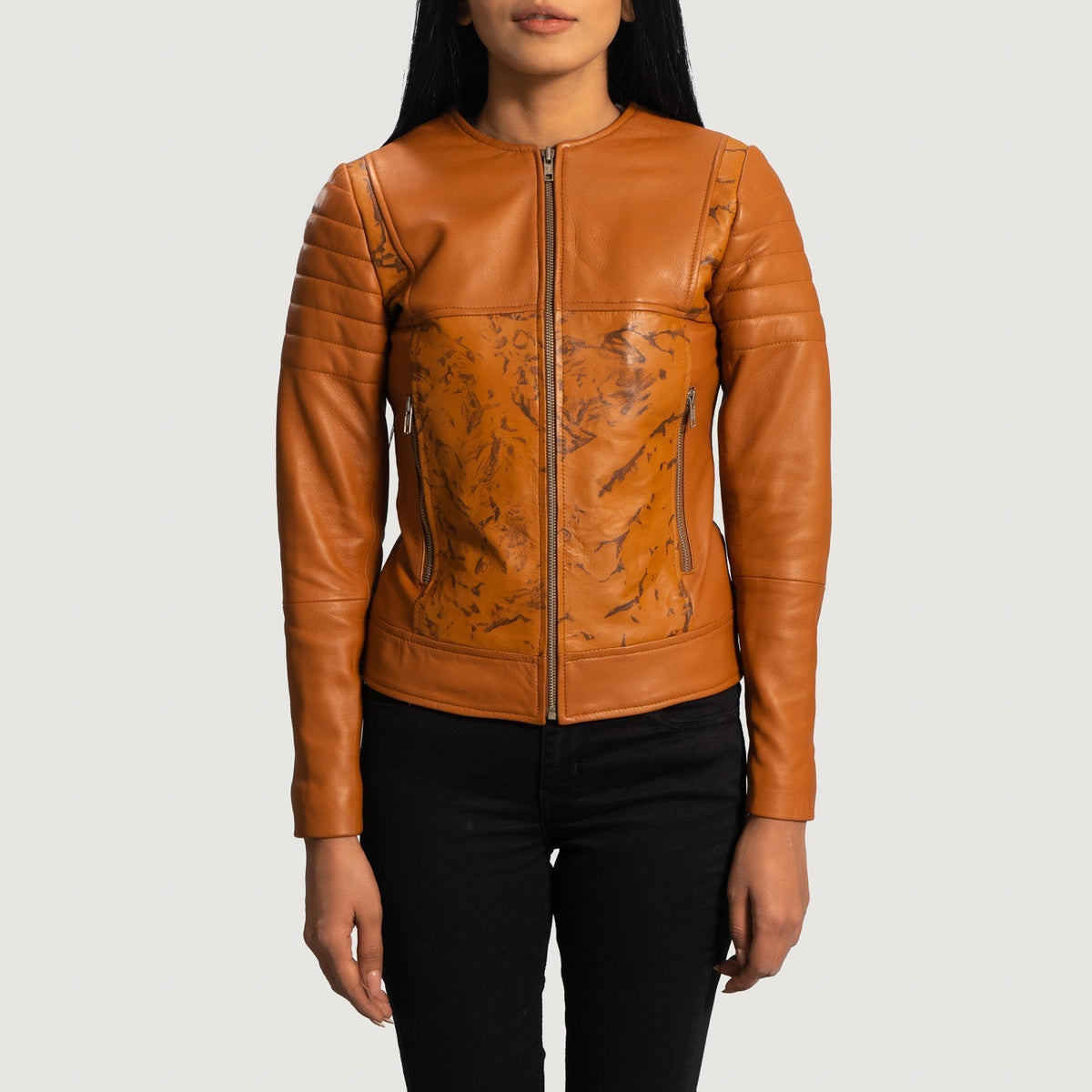 Women's Sandy Tostado Dye Chaqueta Biker de Cuero para Mujer in Tan Brown Sheepskin Dip &amp;Amp; Dye - Vista frontal y silueta a medida | Comprar online