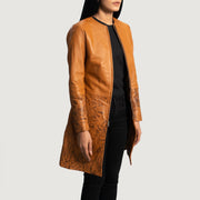 Tan Brown Sheepskin Dip &amp;Amp; Dye Leather Coat - Vista trasera con ajuste entallado en hombros y bajo impecable