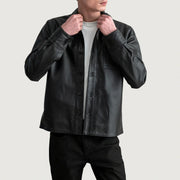 Scout Negro Leather Shirt para Hombre in Black Sheepskin Leather - Vista frontal y silueta a medida | Comprar online