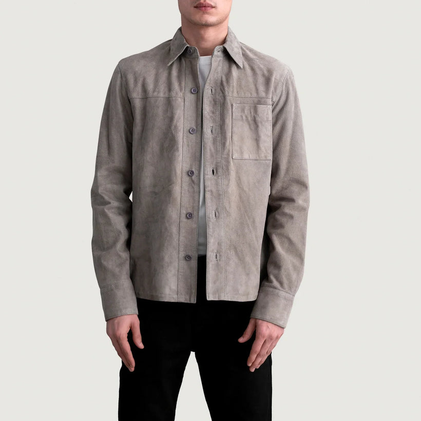 Scout Grey Suede Leather Shirt in Grey Goatskin Suede - Front Profile View & Tailored Silhouette | Buy Online