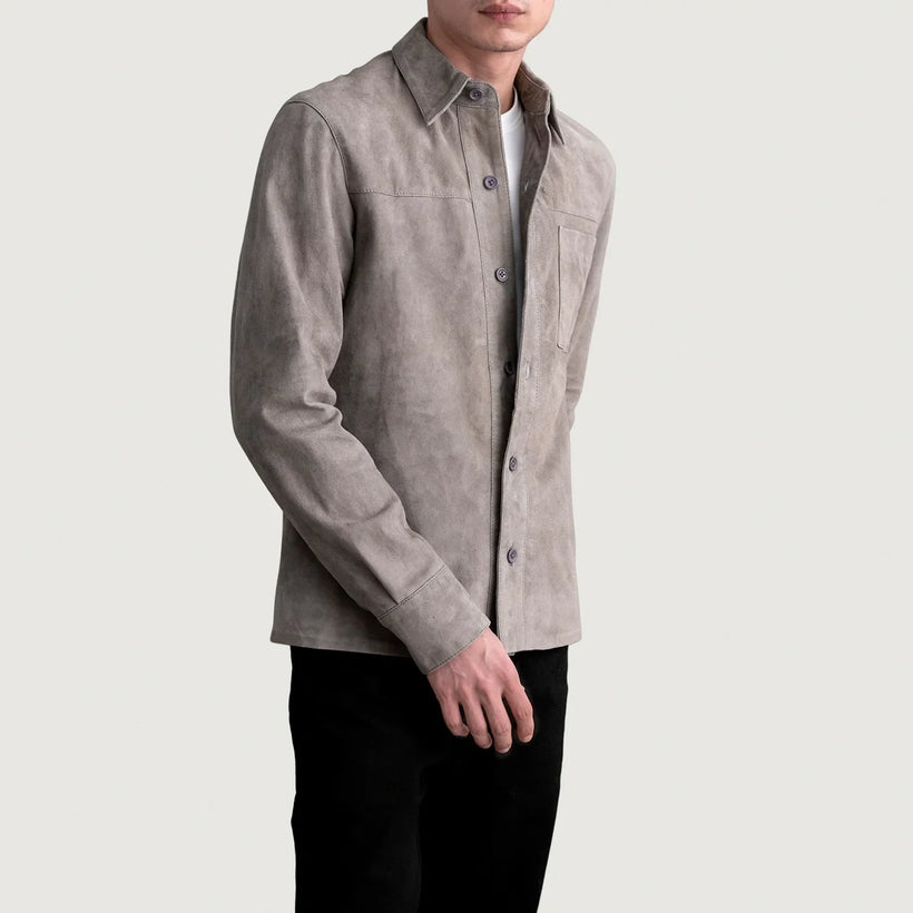 Grey Goatskin suede Jacket - Back View Showing Tailored Shoulder Fit & Clean Hemline