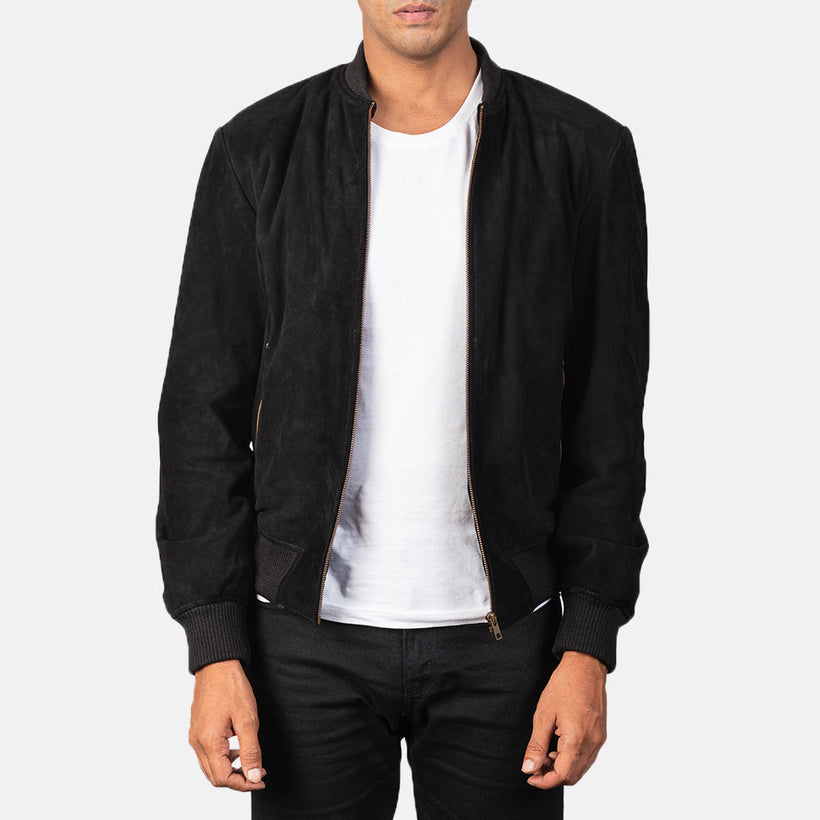 Shane Negro Suede Chaqueta Bomber de Cuero para Hombre