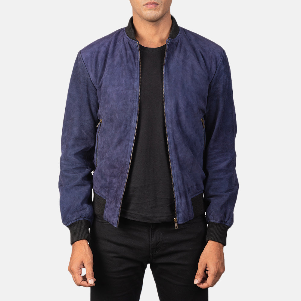 Men's Shane Navy Blue Suede Bomber Jacket in Blue Goatskin Suede - Vista frontal y silueta a medida | Comprar online