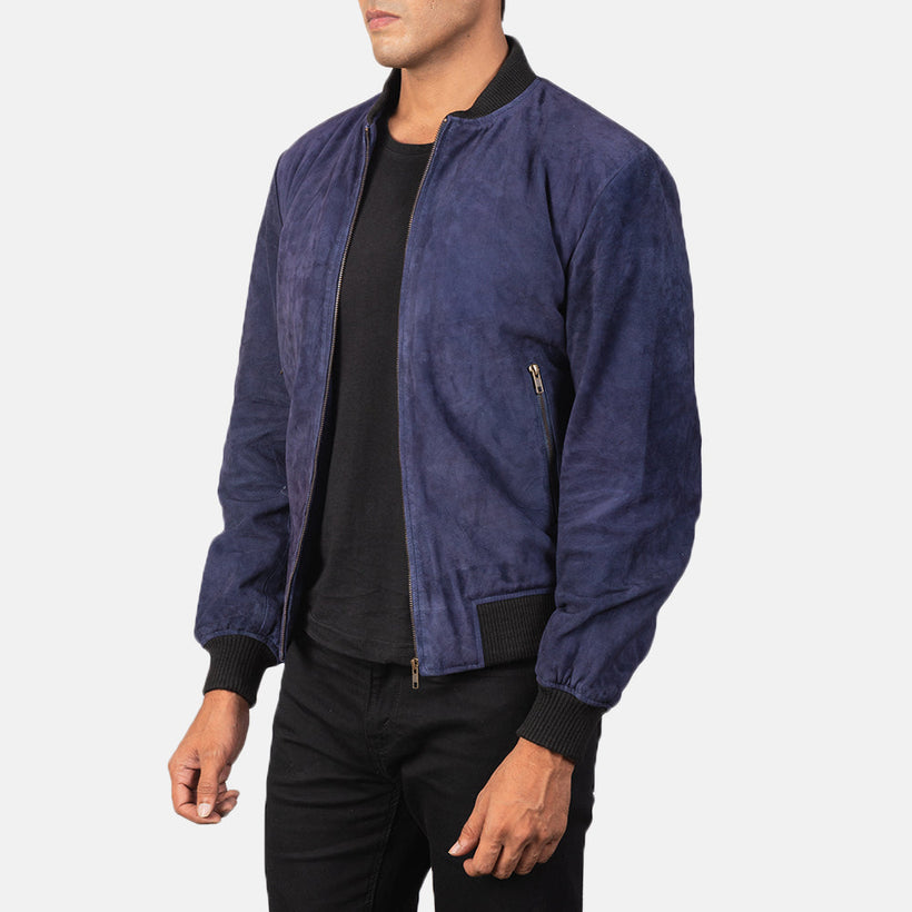 Shane Azul Suede Chaqueta Bomber de Cuero para Hombre