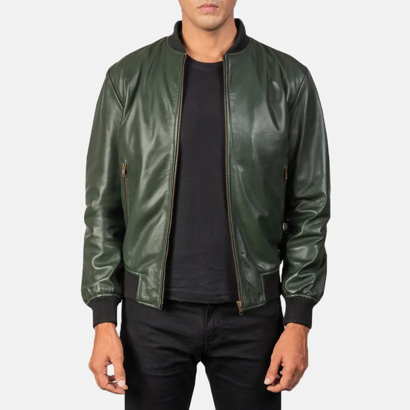 Shane Verde Cazadora Bomber de Cuero para Hombre