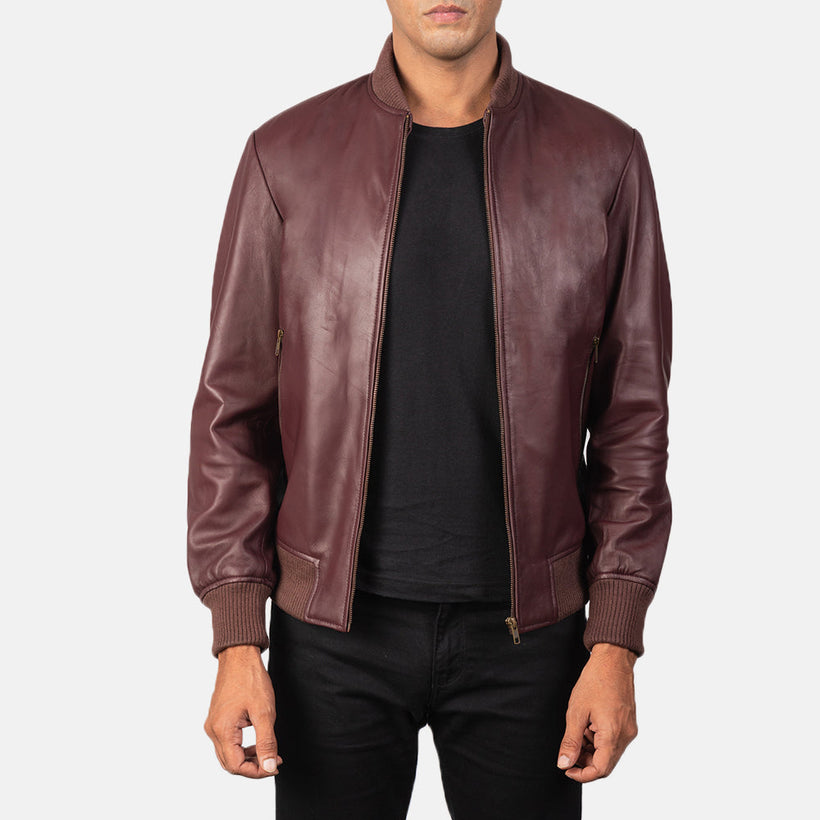 Shane Granate Chaqueta Bomber de Cuero para Hombre
