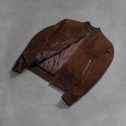 Styled Fit Perspective of Men's Shane Dark Mocha Brown Suede Bomber Jacket on Model - Natural Daylight Drape