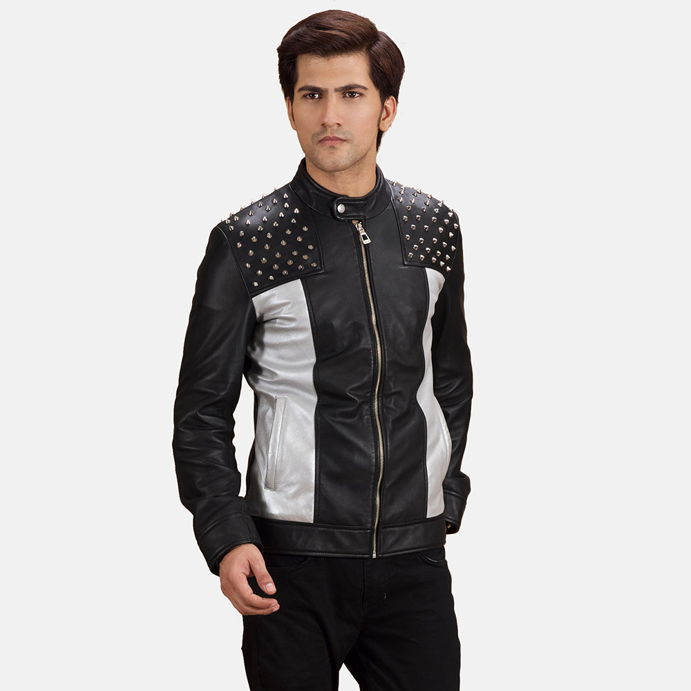 Shapron Studded Chaqueta Biker de Cuero para Hombre in Black Sheepskin Leather - Vista frontal y silueta a medida | Comprar online