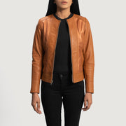 
Sleeky Clean Tostado Chaqueta Biker de Cuero para Mujer in Tan Brown Sheepskin Leather - Vista frontal y silueta entallada | Comprar online