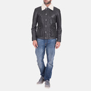 Detalle de cerca of Shirt style Faux Shearling Collar &amp; Zipper + Button Flap Hardware on Men's Snow Cole Negro Chaqueta de Cuero para Hombre